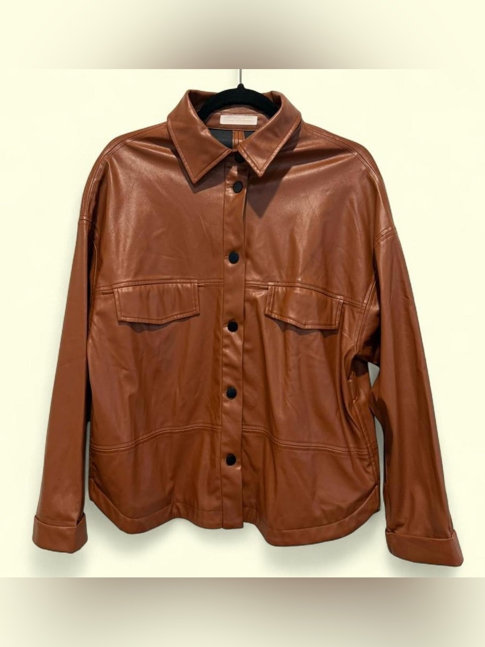 Ces Femme Faux Leather Button-Front Shirt Jacket in Cognac Small